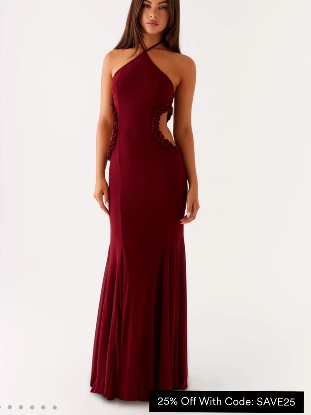 Peppermayo Burgundy Cross-Neck Long Dress Prom with Side Cutouts